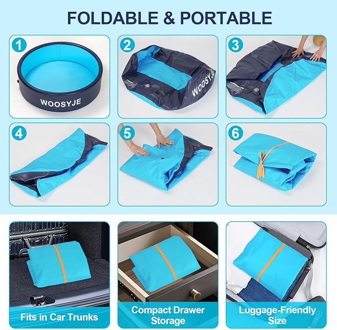 Inflatable Dog Pool, Foldable Pet Swimming Pool - 47.5" Pet Bath Pool & Kiddie Pool, PVC, Quick Drain, Non-Slip, Collapsible Swimming Pool for Large Medium Small Dogs, Cats, Kids, Backyard, Beach