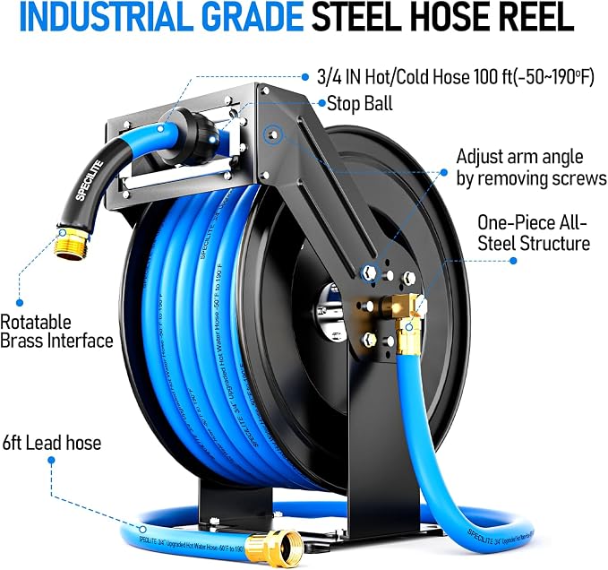 SPECILITE Retractable Hose Reel with 3/4'' Hot/Cold Garden Water Pipe 65ft, -50℉ -190℉, Heavy Duty Metal Wall Mount Spool, with 6ft Lead Hoses, Nozzle, 3/4'' Brass Fittings for Garage, Yard, Blue