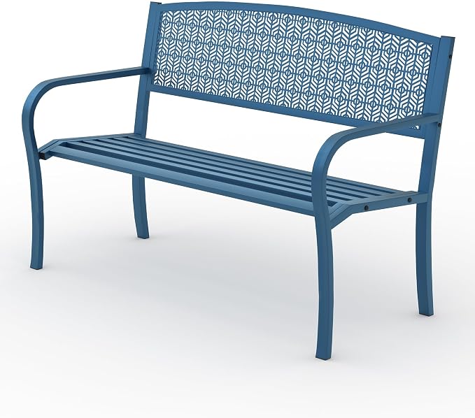 50" Outdoor Metal Garden Bench, Patio Steel Bench with Curved Backrest, Decorative Pattern, Weather-Resistant Porch Bench for Yard, Park, Deck, Backyard