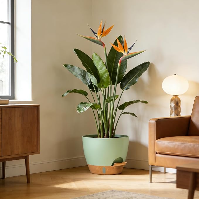 Plant Pots, 4 Pack 12/10/9/8 Inch Self Watering Pots with Drainage Holes, Water Level Indicator Deep Reservoir, Large Planters for Indoor Outdoor Plants - Green Brown