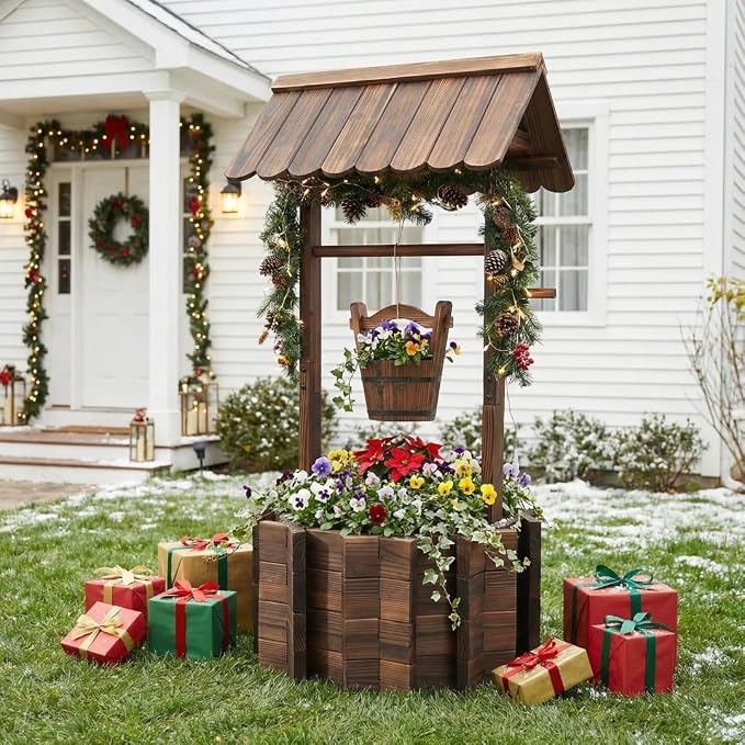 Wishing Wells for Outside,Wooden Wishing Well Planter,Rustic Flower Planter for Garden Patio Lawn Backyard Home Decor-21.7X21.7X47.25IN