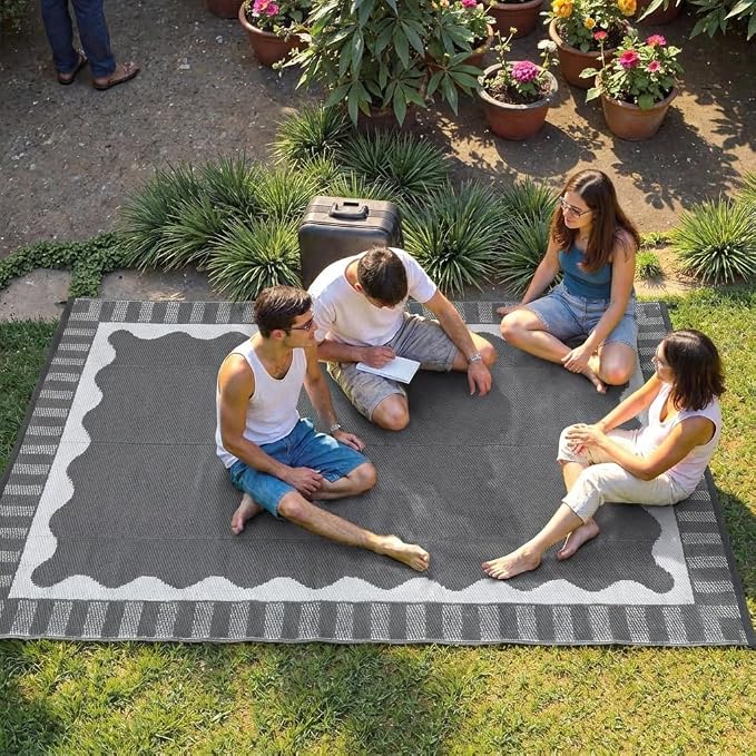 Garvee Large Scalloped Outdoor Rug 9x18 Patio Rugs Outdoor Waterproof, Reversible Plastic Straw Camping Rug, Modern Bordered Outside Mats for Picnic Backyard Deck Balcony Beach Trailer, Grey
