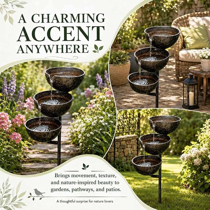 Rain Catcher Bird Bath Tiered - Bring Life Back to Your Garden (Retro) | Self Filling Bird Bath Stake for Hummingbird Butterfly & Bee, Lawn Yard Outdoor Decor, Metal Water Bowl, Watering Station