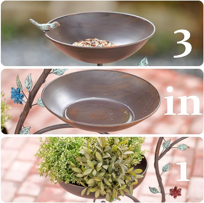 37" H Bird Bath Feeder and Planter for Outdoors, 3-in-1 Metal Birdbaths Stand Vintage Pedestal Bird Bowl for Outside Garden Yard Patio Lawn Decor