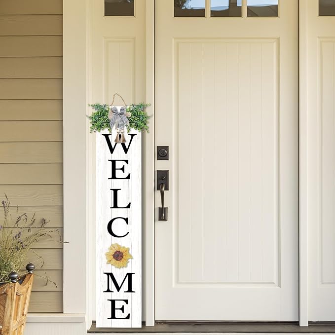 Interchangeable Outdoor Welcome Sign for Front Porch Standing 47"×8" with 12 Pcs Icons Vertical Tall Leaner Outside Welcome Sign Long Wood Frame Large Rustic Farmhouse Front Door Hanging Decor (White)