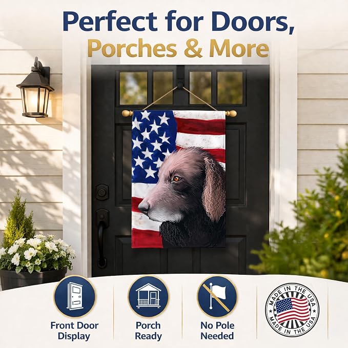 Caroline's Treasures CK6498CHF Curly-Coated Retriever American Flag House Flag Large Porch Sleeve Pole Decorative Outside Yard Banner Artwork Wall Hanging, Polyester, House Size, Multicolor