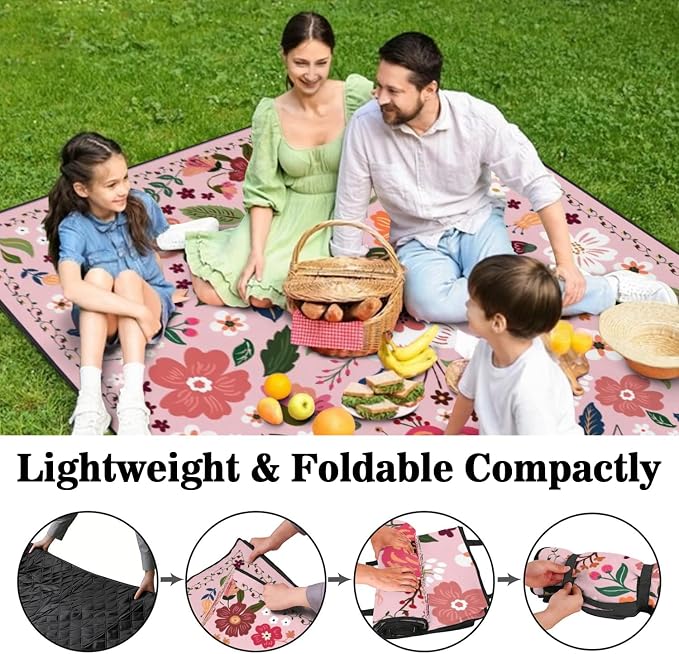 Picnic Blankets Waterproof Foldable Extra Large,80"x 80" Outdoor Beach Blanket Sandproof,3-Layer Lightweight Handy Mat Tote Picnic Camping Rugs for Outside Your Rv (Boho Vintage Floral Pink)