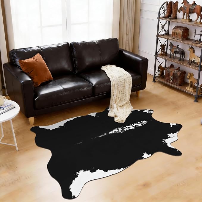BENRON Small Faux Cowhide Rug, Cow Print Rug for Kitchen Hallyway 2.3x3.6ft | Western cow hide rug for Home Decor, Washable Rugs with Irregular Animal Skins and Hides, Non Slip, Black