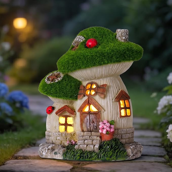 Mushroom Fairy Garden House, Solar Fairy House for Outside Decor, Outdoor Yard Garden Statues for Lawn, Balcony Patio, Outdoor Figurine Lights Gifts for Mom Women