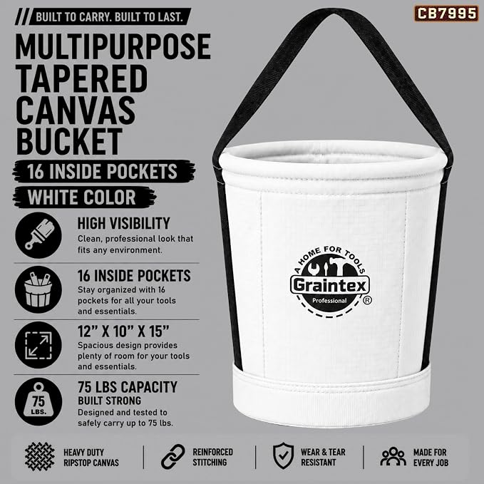 Graintex Canvas Utility Bucket 12"x10"x15". Tapered Tool Bucket, Reinforced Base & Carry Handle, Ripstop Canvas, Multi-Purpose Bag for Jobsite, Gardening, Home Use (White)