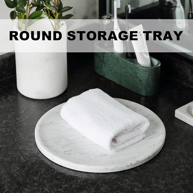 Natural Marble Serving Tray, 11.8in Round, Carrara Marble, Bathroom/Kitchen/Coffee Table Tray for Counter, Decorative Vanity for Catchall, Fruit and Snack