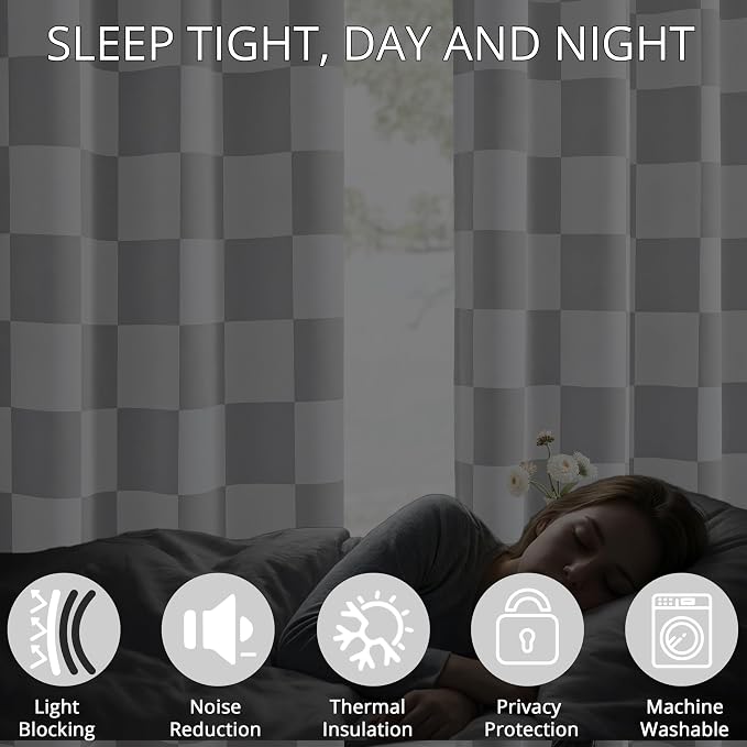 100% Blackout Checkered Curtains – 2 Panels, Each W52×L84, Thermal Insulated, Nosie Reducing for Bedroom, Modern Light Grey and White Checkerboard Design, Gray Checkered