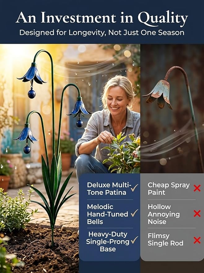 2026 New Triple Bluebell Garden Stake with Bells, Handmade 26inch Metal Rain Chimes Flower Plant Sculpture Yard Decorations Outdoor Rustic Wind Chime Ornament Gift for Walkways Patios Lawn