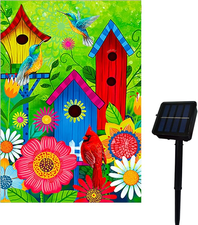 Welcome Lighted birds garden flags 12X18 double sided solar | small yard flag, lawn home spring solar decoration