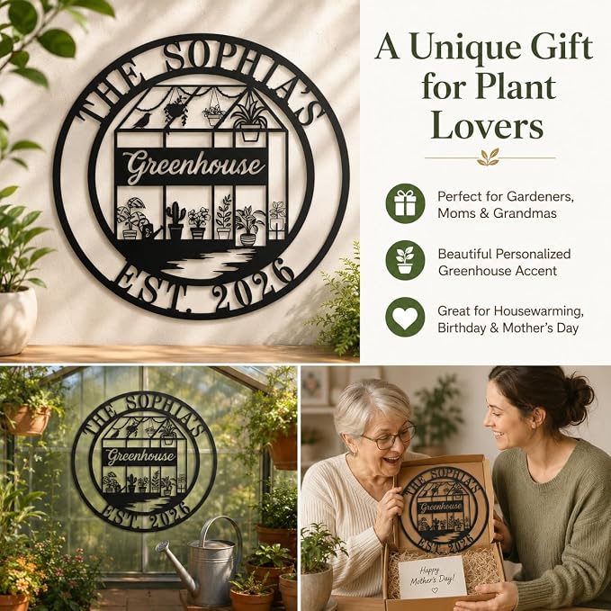 Personalized Metal Greenhouse Sign Custom Garden Name Sign for Outside Yard Patio Decor Botanical Wall Art Gift for Mom Grandma Gardener
