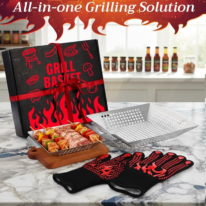 Grill Baskets for Outdoor Grills Set, 2 Sizes Stainless Steel Grill Baskets with BBQ Gloves for Veggies, Fish & Shrimp, Grilling Accessories Gifts for Dad, Husband, Friends, Father's Day