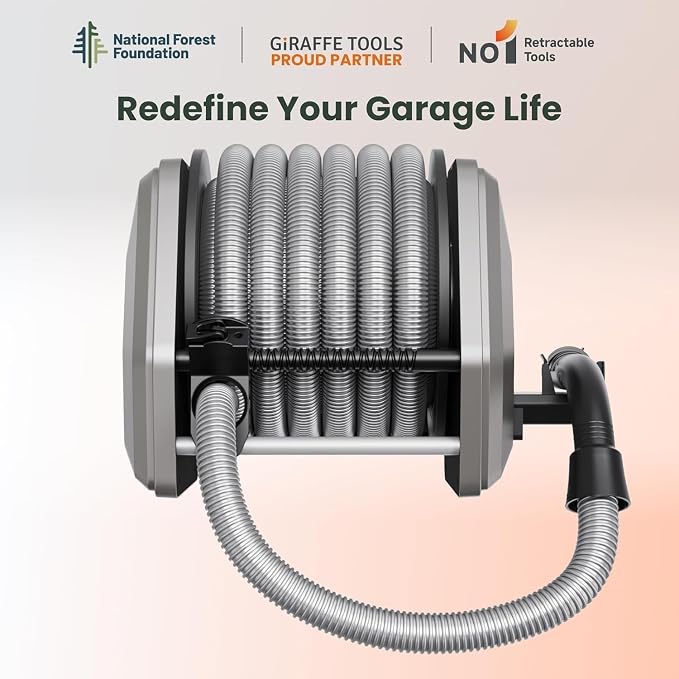 Giraffe Tools Vacuum Hose Reel with 30ft Extension Retractable Hose, 1-1/4'' Wall Mount Vacuum Replaceable Hose Suitable for 32mm Wet Dry Vacuums Cleaner
