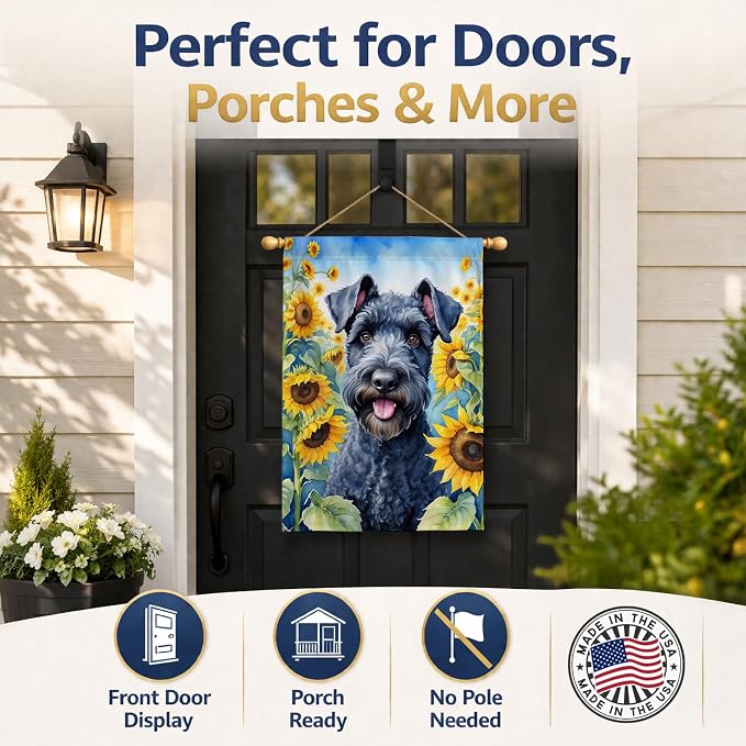 Caroline's Treasures DAC6106CHF Kerry Blue Terrier in Sunflowers House Flag Large Porch Sleeve Pole Decorative Outside Yard Banner Artwork Wall Hanging, Polyester, House Size, Multicolor