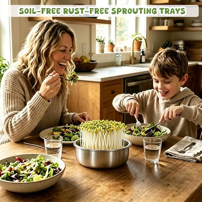 2 Pack 304 Stainless Steel Seed Sprouter Trays, 2-Tier Soil-Free Microgreens Growing Kit, Rust-Free Round Sprouting Tray with Mesh Pads for Sprouts Beans Alfalfa Wheatgrass