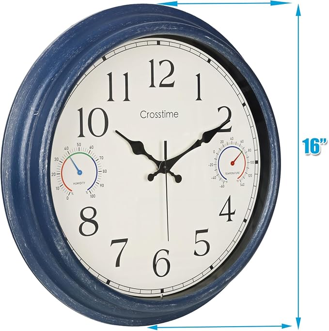 Crosstime 16 Inch Large Outdoor Clock Waterproof with Thermometer & Hygrometer Combo, Coastal Retro Wall Clock for Patio, Pool, Garden, Backyard Decor, Blue