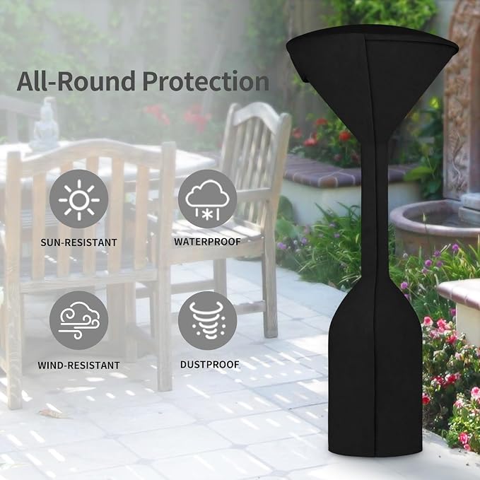 Easy-Going Stand-Up Patio Heater Cover with Zipper and Storage Bag, Waterproof Outdoor Heater Cover Dustproof, UV-Resisant, Wind-Resistant (95"H x 34"D x 19"B, Black)
