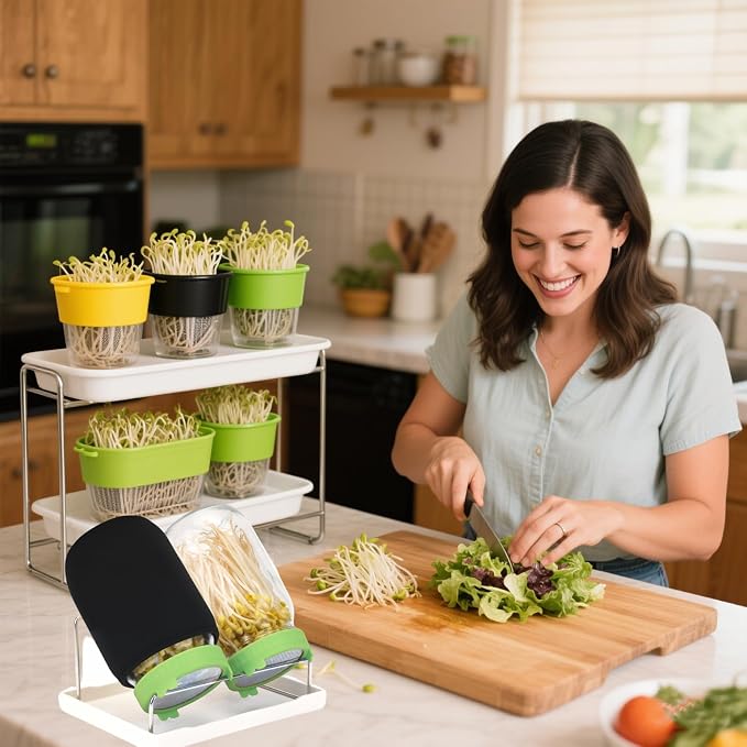 Lulonpon Sprouting Kit, 4 Sprouting Jar Kits, Wide Mouth Quart Mason Jars with Stainless Steel Screen Sprout Lids,1000ml Sprouts Growing Kit, Seed Sprouter Set for Growing Broccoli, Bean, Alfalfa 