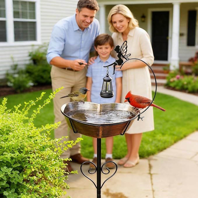 Solar Metal Heart-Shaped Bird Bath for Outdoors, Removable Vintage Freestanding 135 fl oz Bowl with Upgraded 5-Pronged Base & Fairy Lantern, Birdbaths for Garden Yard Lawn Decor Romantic Gifts
