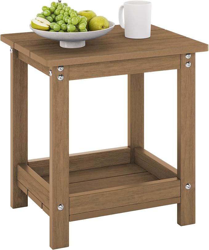 LUE BONA Outdoor Side Table, 2-Tier HDPE Small Outdoor End Table with Rail for Patio, Deck, Poolside, Low Maintenance & Weather Resistant, Walnut Brown