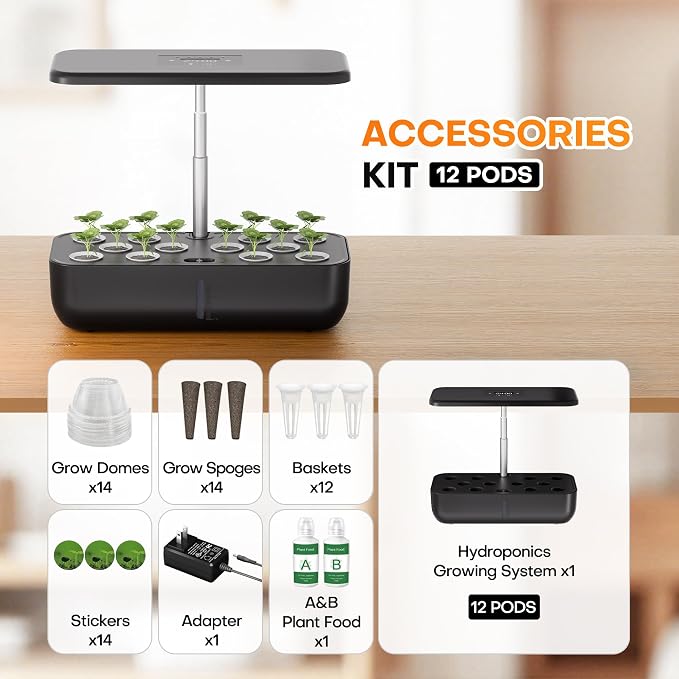 Indoor Hydroponic Growing System, 12-Pod Indoor Herb Garden with LED Grow Lights, Quiet Automatic Hydroponics with Adjustable Height, Home Kitchen Plant Germination Kit