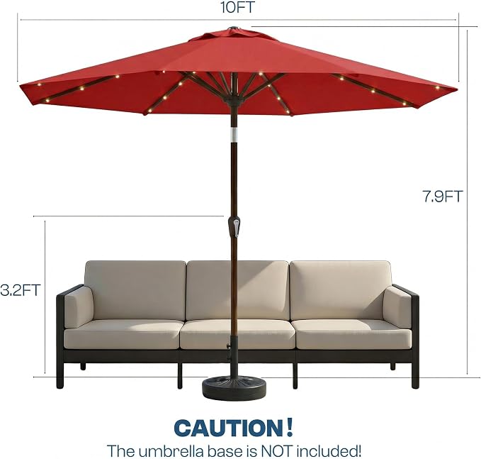 10FT Solar Patio Umbrella with Lights, Outdoor Table Market Umbrella with 32 LED Lights, 8 Sturdy Ribs, Push Button Tilt and Crank for Pool, Deck and Garden, UV-Resistant