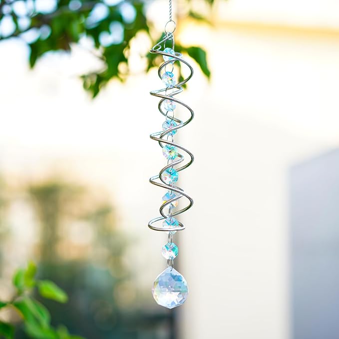 20.5in Crystal Suncatcher Gazing Ball Spiral Wind Spinner Garden Decor | Colorful Crystal Sun Catcher with Octagonal Beads Spiral Tail Rainbow Maker Hanging for Indoor Outdoor Garden Patio Decor