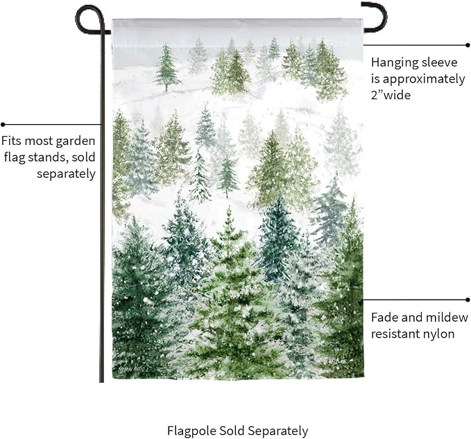 Evergreen Flag Snowy Forrest Lustre Garden Flag 12x18 Inches Double Sided | Christmas Garden Flag for Outside | Outdoor Small Flag For Yards and Gardens
