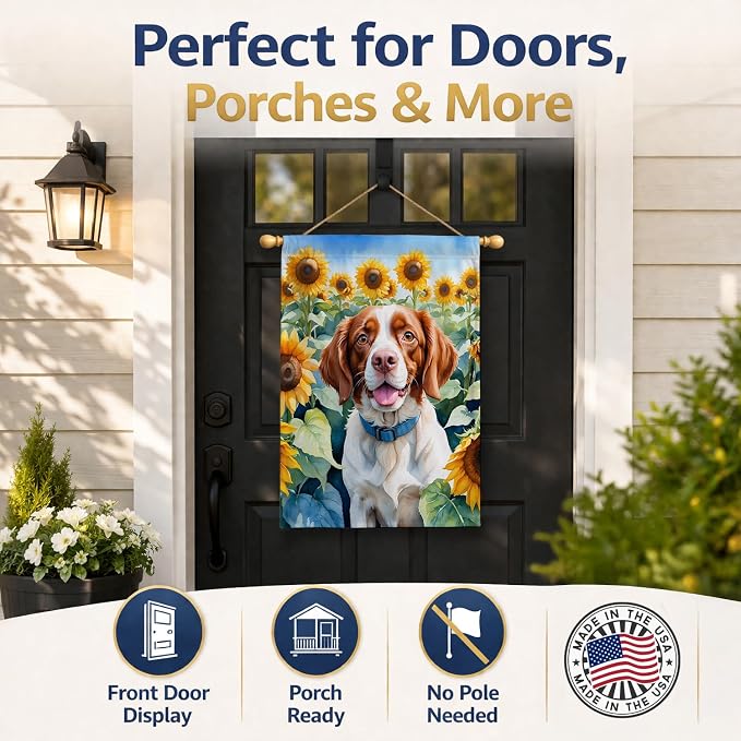 Caroline's Treasures DAC6040CHF Brittany Spaniel in Sunflowers House Flag Large Porch Sleeve Pole Decorative Outside Yard Banner Artwork Wall Hanging, Polyester, House Size, Multicolor