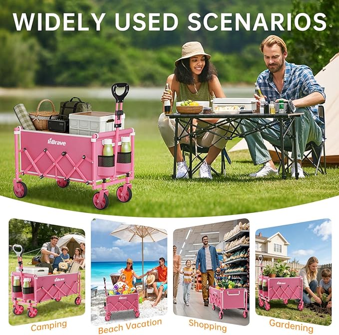 Collapsible Wagon Cart Foldable Beach Wagon with All-Terrain Wheels - 380 LBS Heavy Duty Grocery Cart for Shopping, Beach, Camping, Sports, Garden (Pink)