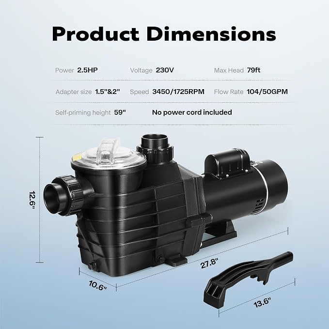 VIVOHOME 2.5HP 230V Pool Pump, Dual Speed with High Lift 79FT, Self-Priming DOE Energy Saving, 1.5" & 2" Connectors w/Strainer Basket for In-Ground Pools