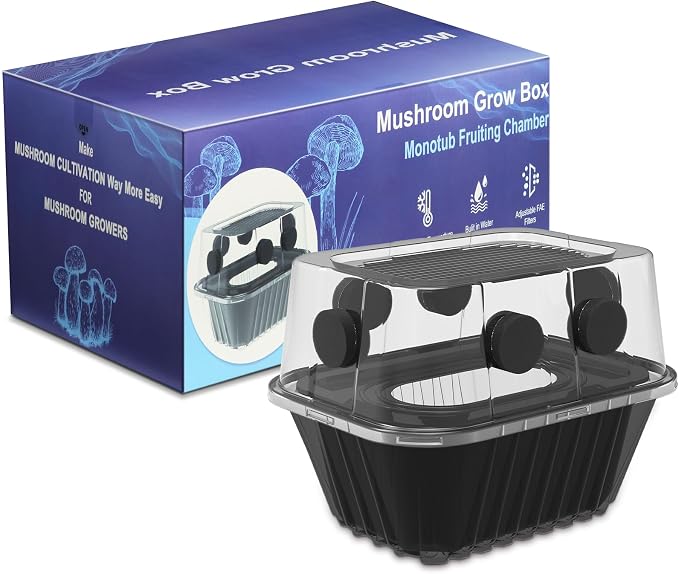 Mushroom Growing Kit, Monotub Stackable Grow Box, Fruiting Chamber with FAE Filters, Indoor Use, 12.6 x 12.6 x 6.3 inches, Clear and Black