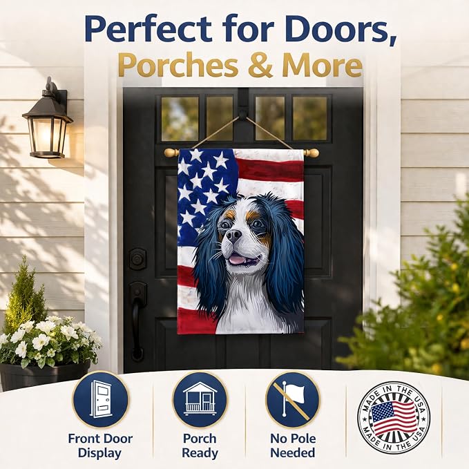 Caroline's Treasures CK6591CHF King Charles Spaniel American Flag House Flag Large Porch Sleeve Pole Decorative Outside Yard Banner Artwork Wall Hanging, Polyester, House Size, Multicolor