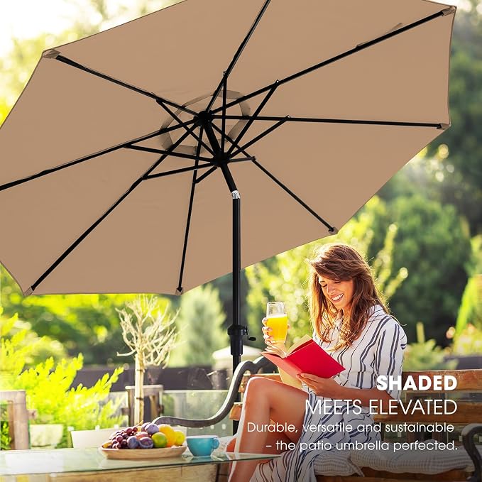 wikiwiki 9FT Patio Umbrella with Base, Outdoor Umbrellas with Base Included, 8 Sturdy Ribs, Waterproof Fade Resistant POLYESTER DTY Canopy for Deck, Lawn, Garden, Backyard & Pool, Tan