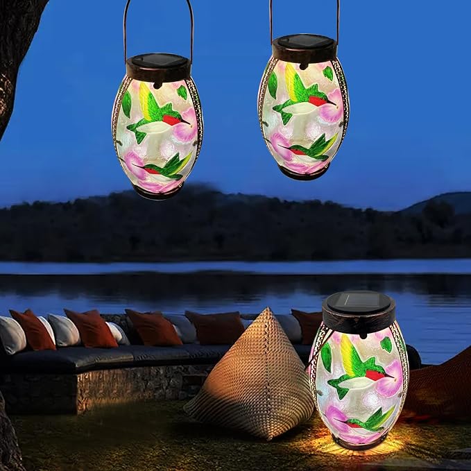 Hummingbird Solar Lanterns Glass & Metal Hanging Solar Lantern Outdoor Waterproof 13.8" H Tabletop Light for Garden Patio Table Decor Mother's Day Gift