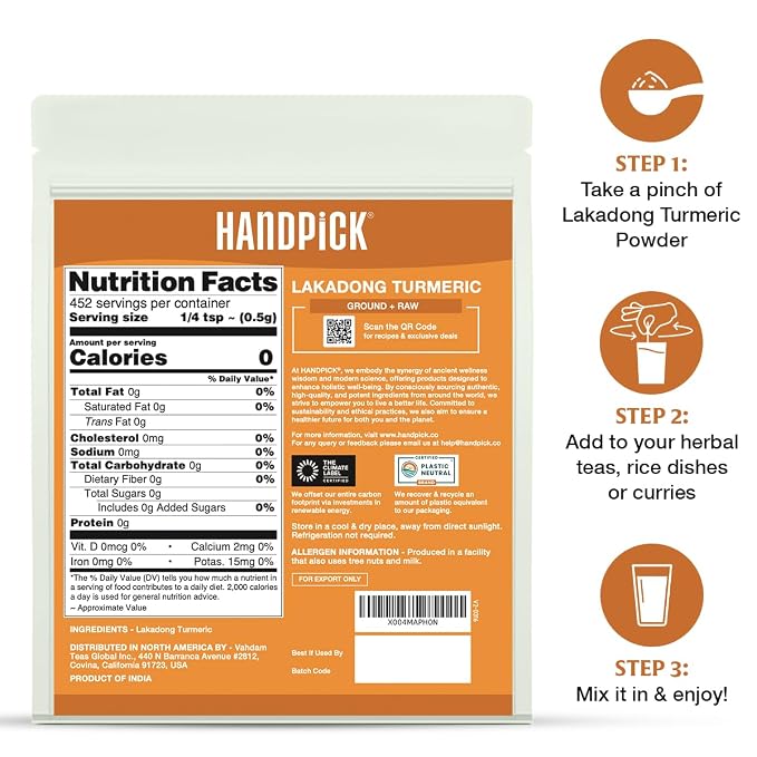 HANDPICK Lakadong High Curcumin Turmeric Powder (226g/ 8oz) Non GMO, Gluten Free, 100% Raw, Sourced from India, High Curcumin, Premium Quality, Packed in Resealable Ziplock Pouch