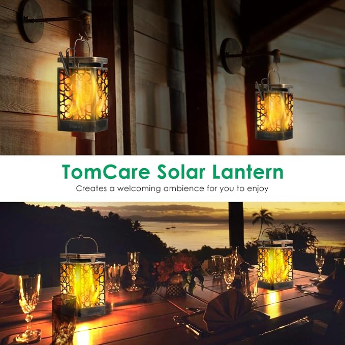 TomCare Solar Lights Upgraded Solar Lantern Flickering Flame Outdoor Hanging Lantern Decorative Lighting Solar Powered Waterproof LED Flame Umbrella Lights for Patio Garden Deck, 2 Pack(Bronze)