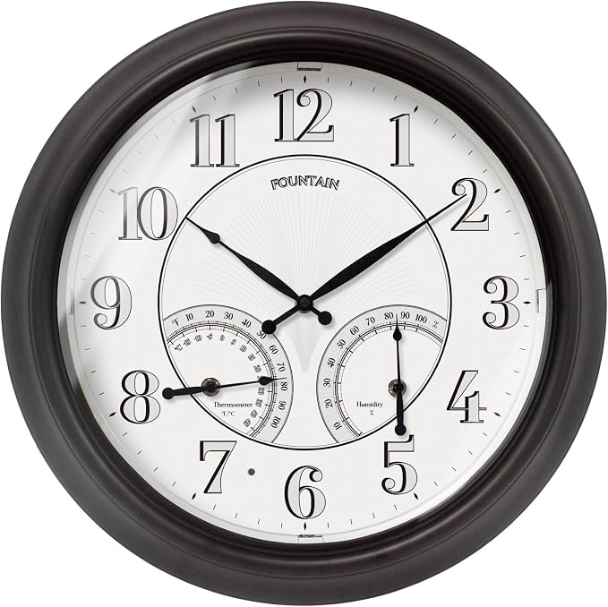 18 Inch Illuminated in/Outdoor Clock with Smart Sensor and Night Light, Waterproof, Large Wall Clock with Thermometer & Hygrometer for Patio,Pool and Garden Decor,Oil Rubbed Bronze