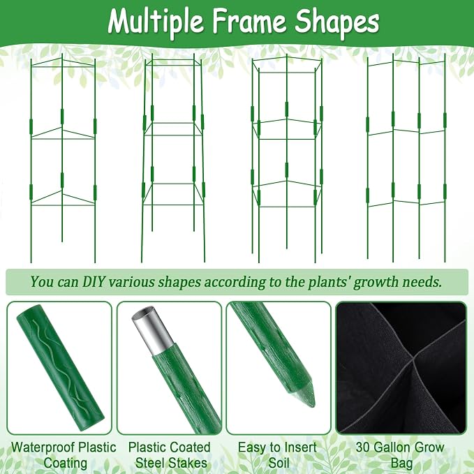 Tomato Cages, Square Tomato Plant Stakes Support Cages Trellis for Garden Climbing Cucumber, Vegetables, Flowers, Fruits with 30 Gallon Grow Bags