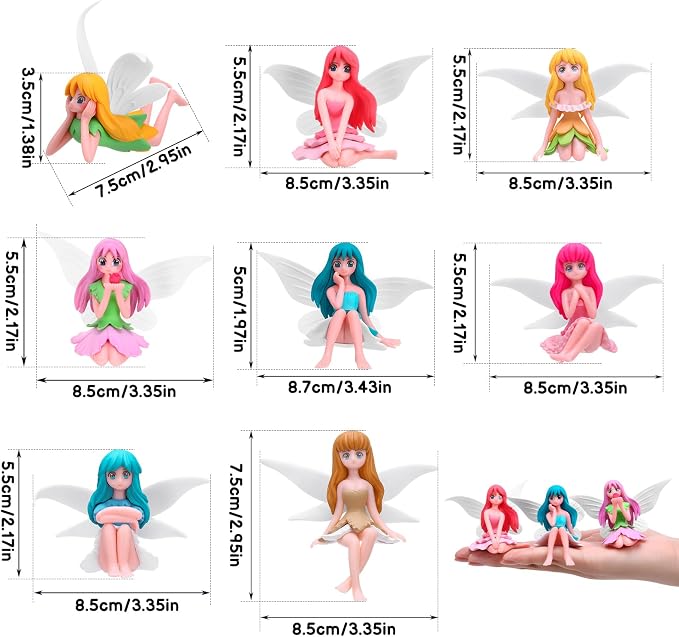 Miniature Fairy Figurines, 8 Pcs Hand-Painted Small Flower Fairies with Wings for Garden Decor, Cake Topper & Landscapes