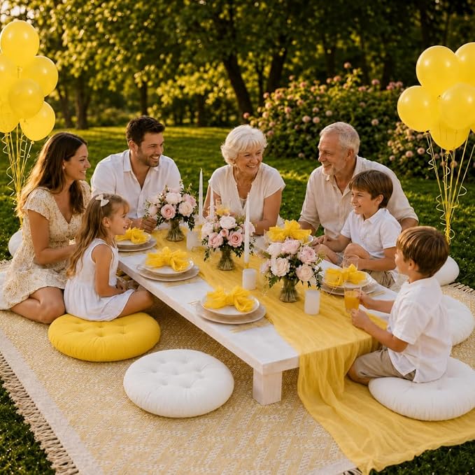 Cinrobiye Boho Picnic Party Set for Outdoor, Aesthetic Picnic Setup with Large Picnic Blanket, Floor Cushions, Table Runner, Napkins, Balloons for Wedding, Bridal Shower, Birthday(Yellow)