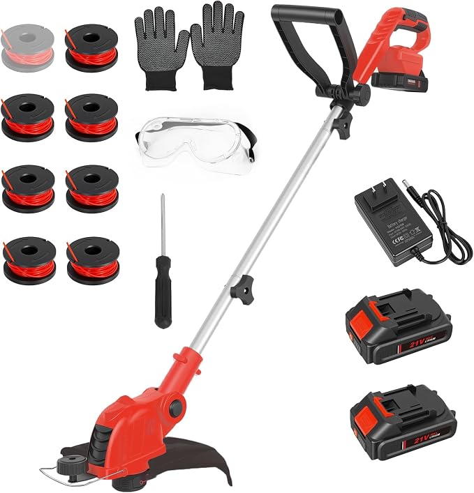 21V Cordless 2-in-1 Grass Trimmer & Edger, 12" Auto-Feed String Trimmer with 3.0Ah Battery & Fast Charger, Electric Weed Wacker with 8 Lines for Lawn Garden Yard Maintenance-Red
