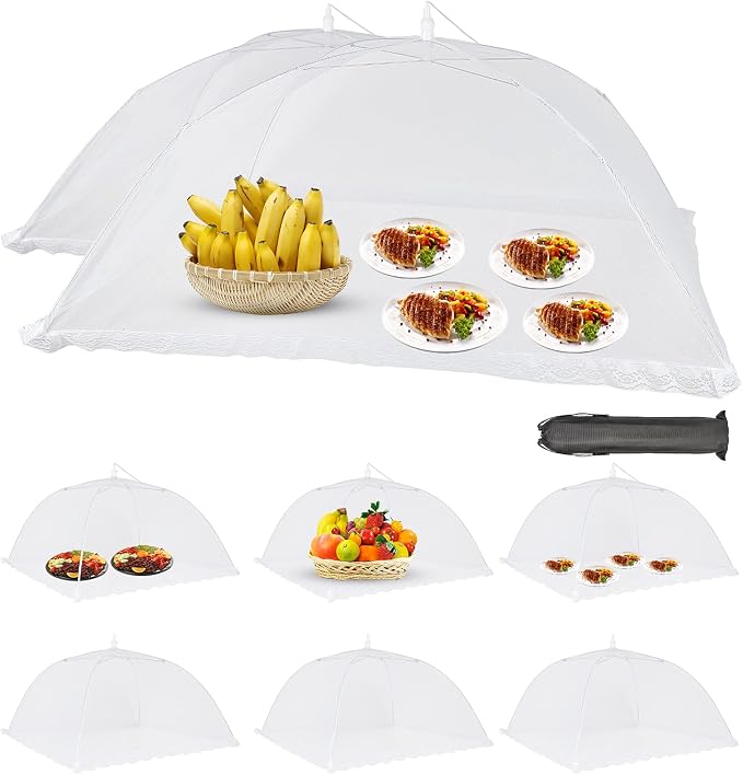 Food Cover Food Tent Set, 2 Extra Large 40"X24" and 6 Standard 17"X17" Mesh Food Covers for Outside, 8 Pack Collapsible, Reusable Pop-Up Umbrella Food Nets for Picnics, Outdoor Camping, Parties, BBQ