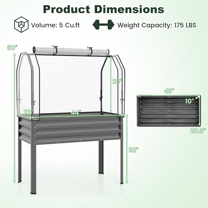 Giantex Raised Garden Bed with Legs & Greenhouse Cover, 44x20x60 Elevated Metal Planter Box with Roll-up Door, Outdoor Mini Greenhouse for Vegetable Flower Herb Patio Balcony (Gray,1)