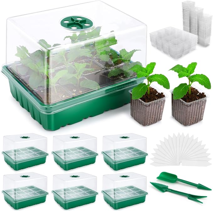 72 XL Cells Seed Starter Tray, 6 Packs Seed Starter Kit Large Size Individual Cells, Seedling Starting Trays with Humidity Dome and High Lid, Germination Kit for Indoor Greenhouse Seed Starter