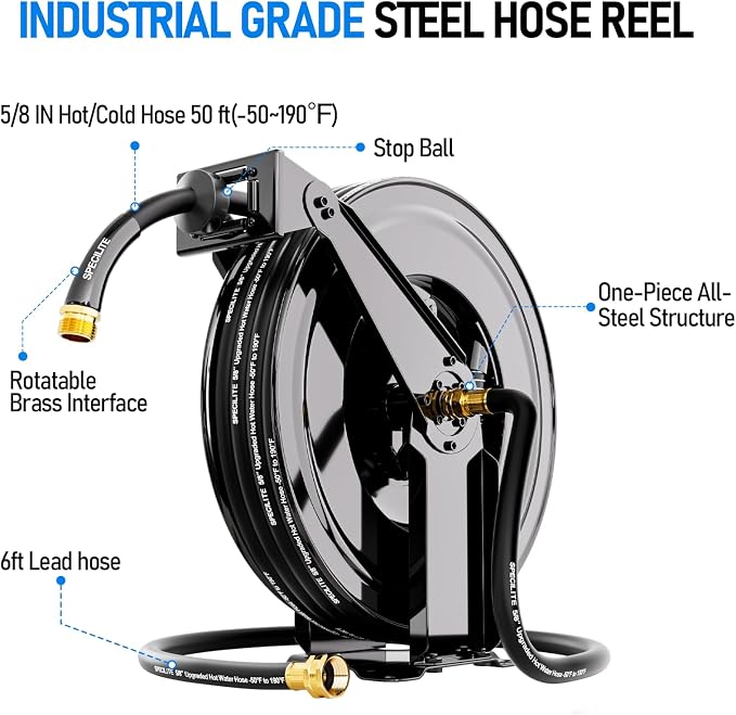 SPECILITE Retractable Hose Reel with 5/8'' Hot/Cold Garden Water Pipe 50ft, -50℉ -190℉, Heavy Duty Metal Wall Mount Spool, with 6ft Lead Hoses, Nozzle, 3/4'' Brass Fittings for Garage, Yard, Black